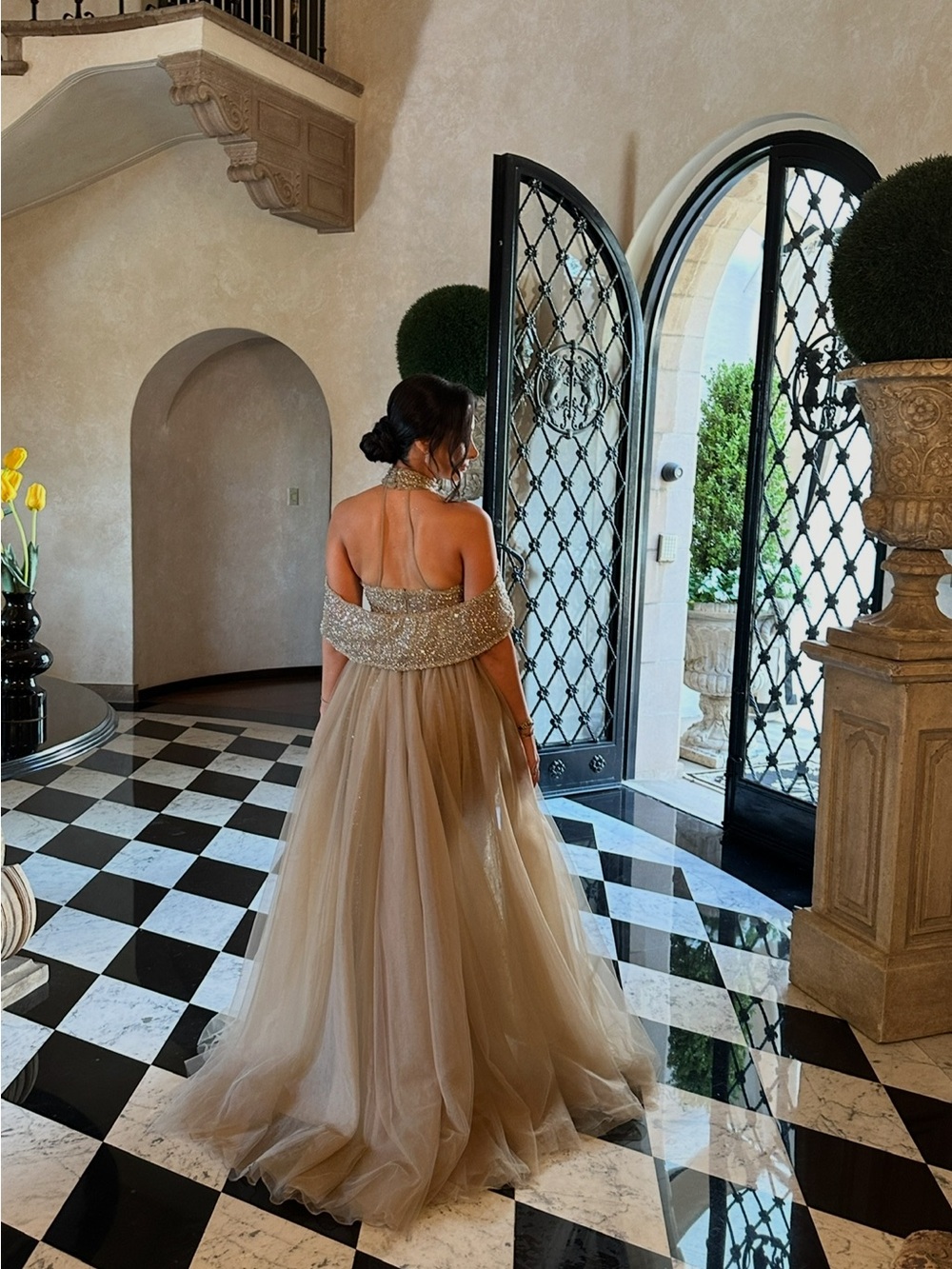MNM Couture Champagne Gold Backless Tulle Evening Gown